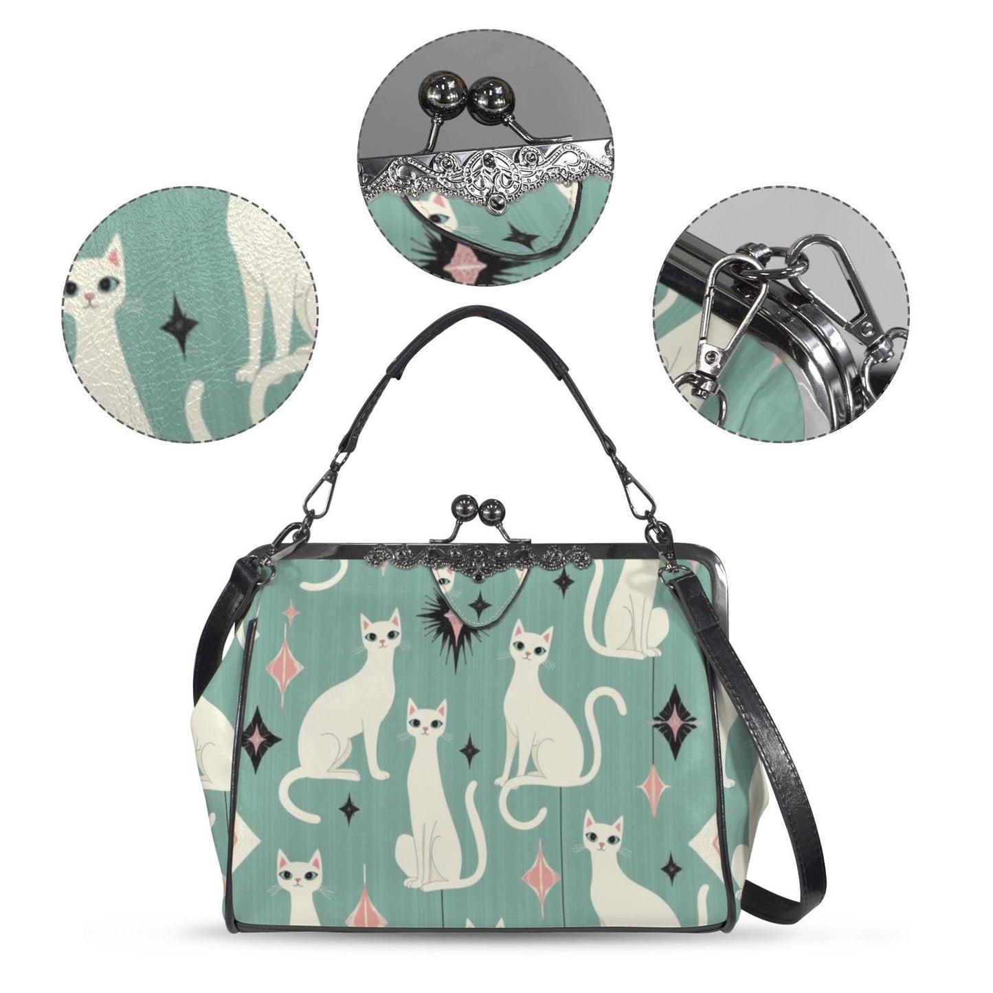 Retro Cat Kiss Lock Crossbody Shoulder Bag Vintage Feline Clasp Handbag Purse