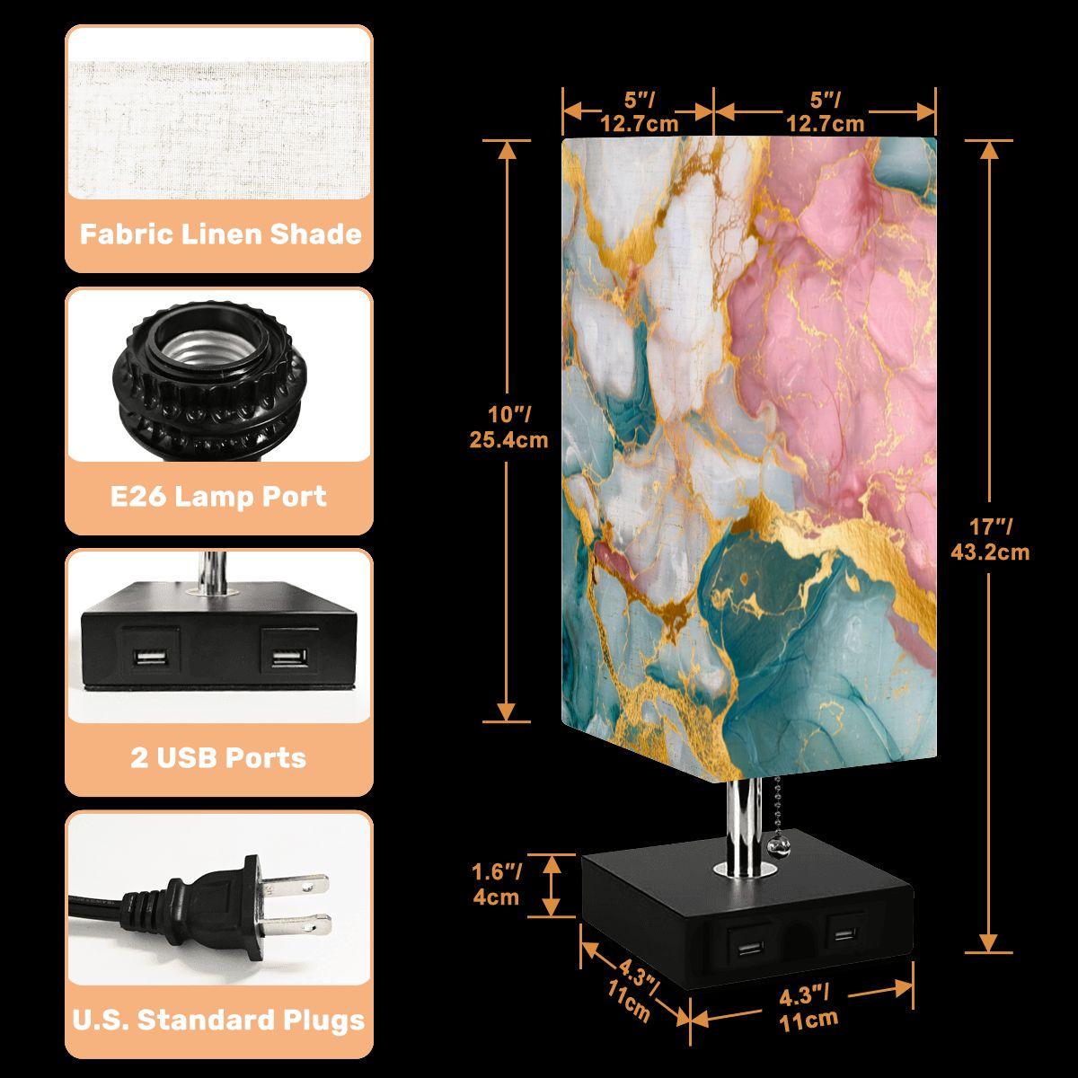 Square Marbled Table Lamp – Modern Bedside Lighting with USB Ports