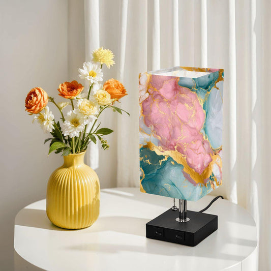 Square Marbled Table Lamp – Modern Bedside Lighting with USB Ports