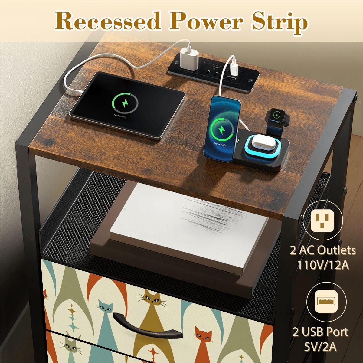 Mid-Century Cat 2-Drawer Bedside Table Nightstand Retro Furniture Vintage Storage