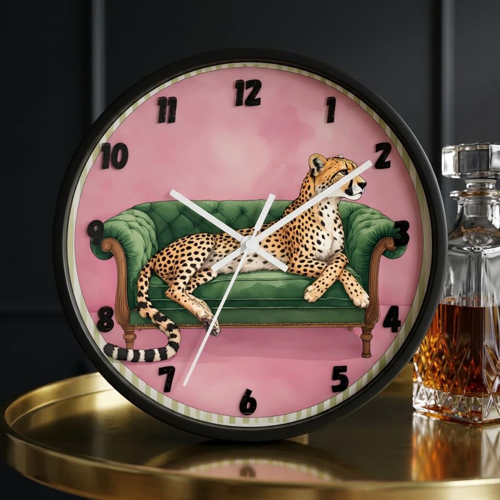 Cheetah Green Sofa Wall Clock Pink Background Animal Home Decor Art Wildlife Living Room
