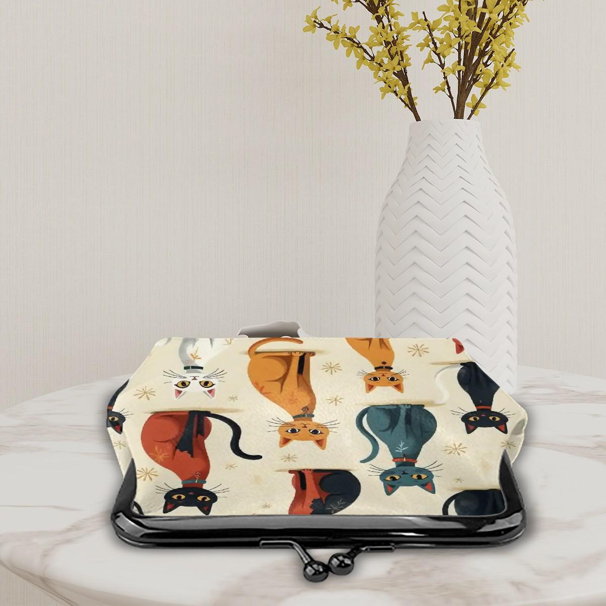 Retro Cat Women's Leather Kiss Lock Coin Purse Vintage Small Wallet