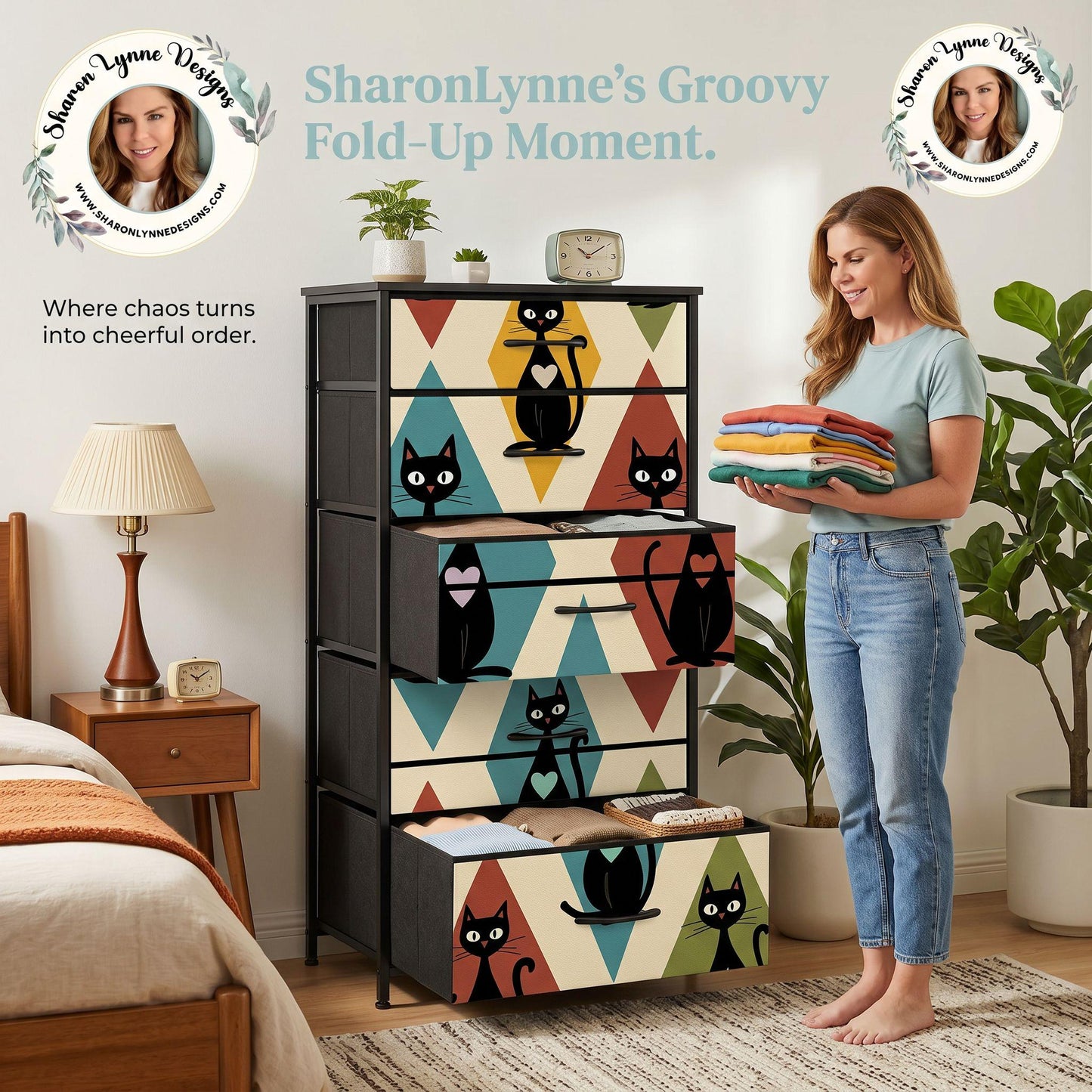Retro Dresser with 4 Drawers, Colorful Cat Design for Stylish Storage