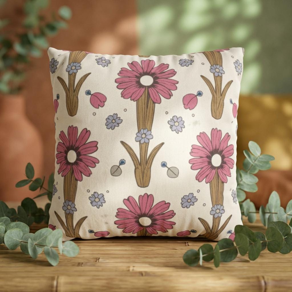 Pink Daisy Floral Faux Suede Square Pillowcase