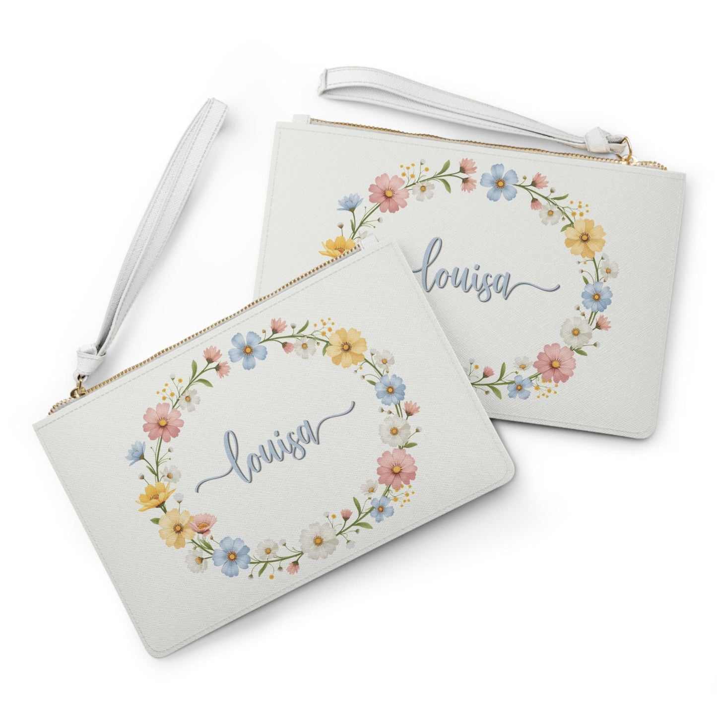 Personalized Floral Name Wreath Clutch Bag Custom Script Monogram Wedding Purse Bridal Accessory