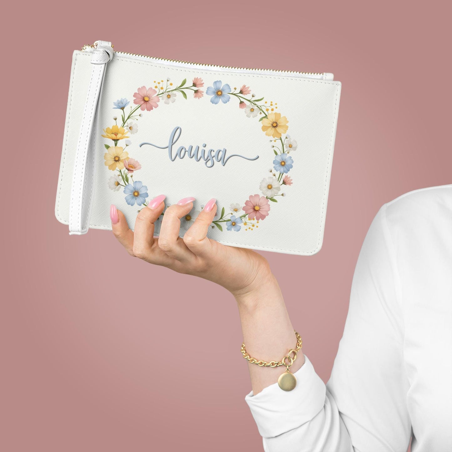 Personalized Floral Name Wreath Clutch Bag Custom Script Monogram Wedding Purse Bridal Accessory