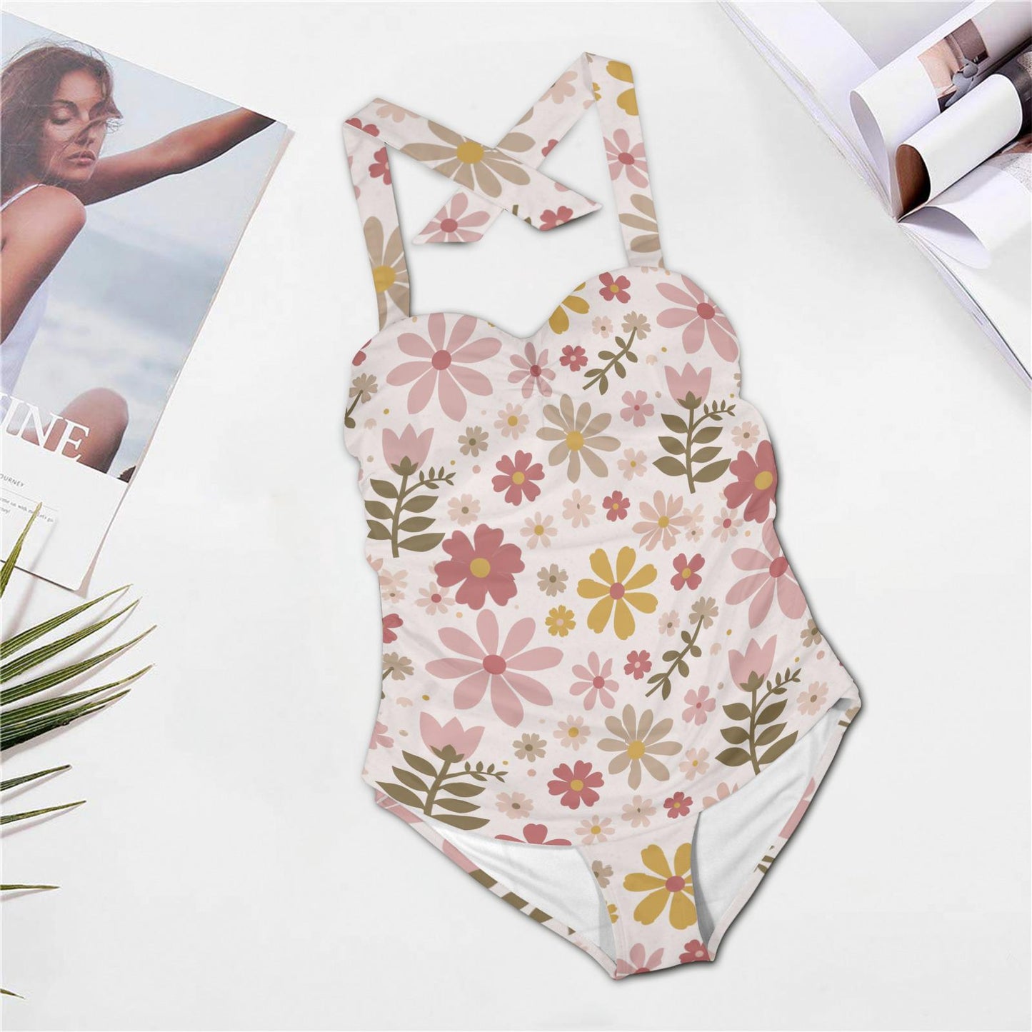 Floral One Piece Swimsuit Women's Halter Neck Gathered Chest Bathing Suit