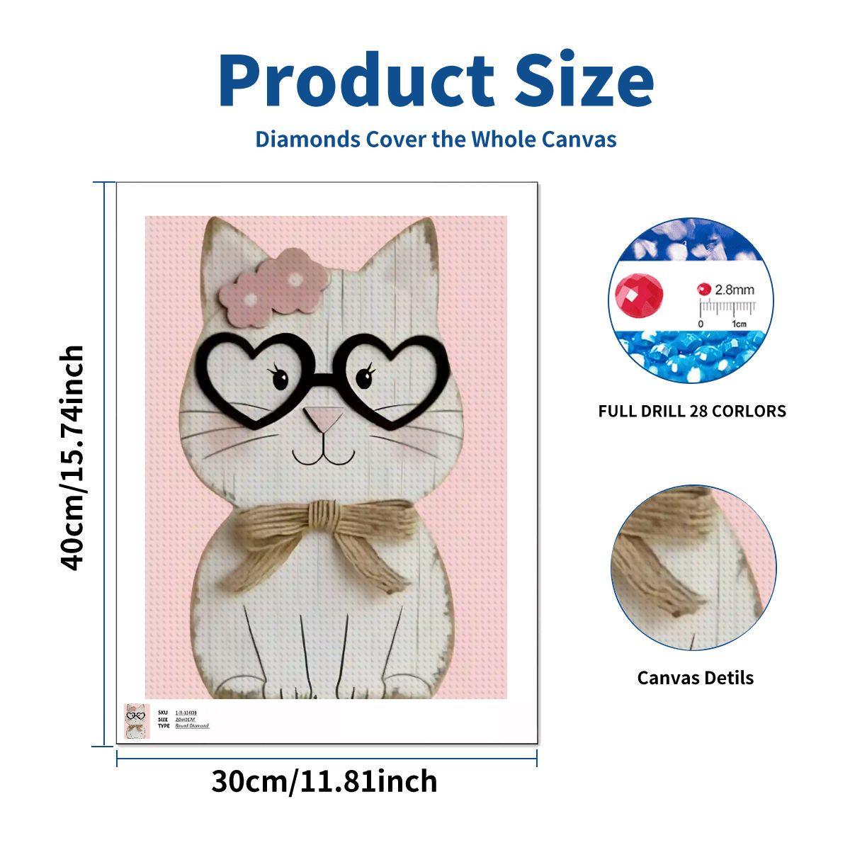 Smarty Cat Diamond Painting Kit – Heart Glasses Feline Art Craft Project (12x16 inches)