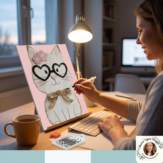 Smarty Cat Diamond Painting Kit – Heart Glasses Feline Art Craft Project (12x16 inches)