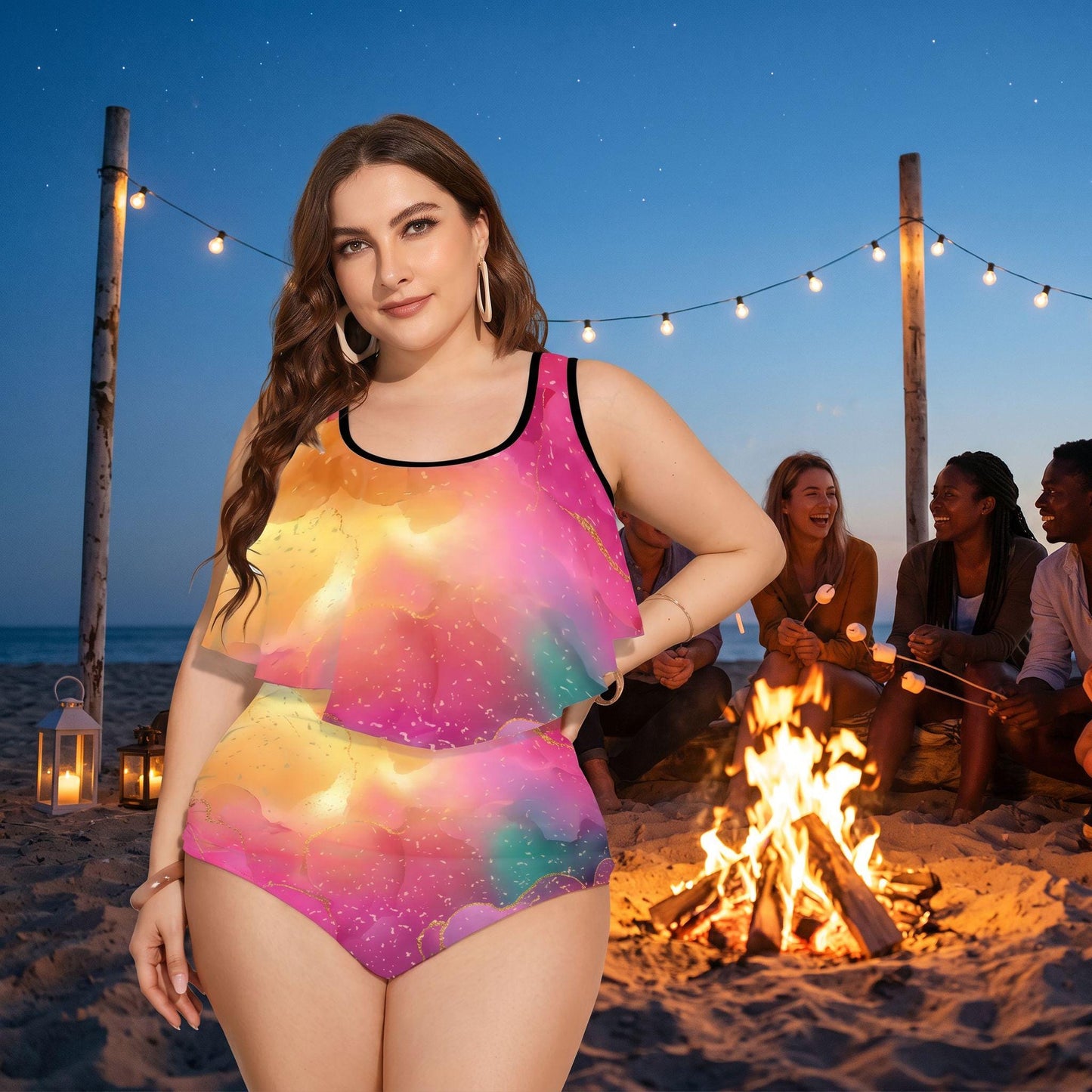 Plus Size Ruffle Swimsuit – Galaxy Print Two Piece Beach Vacation Wear