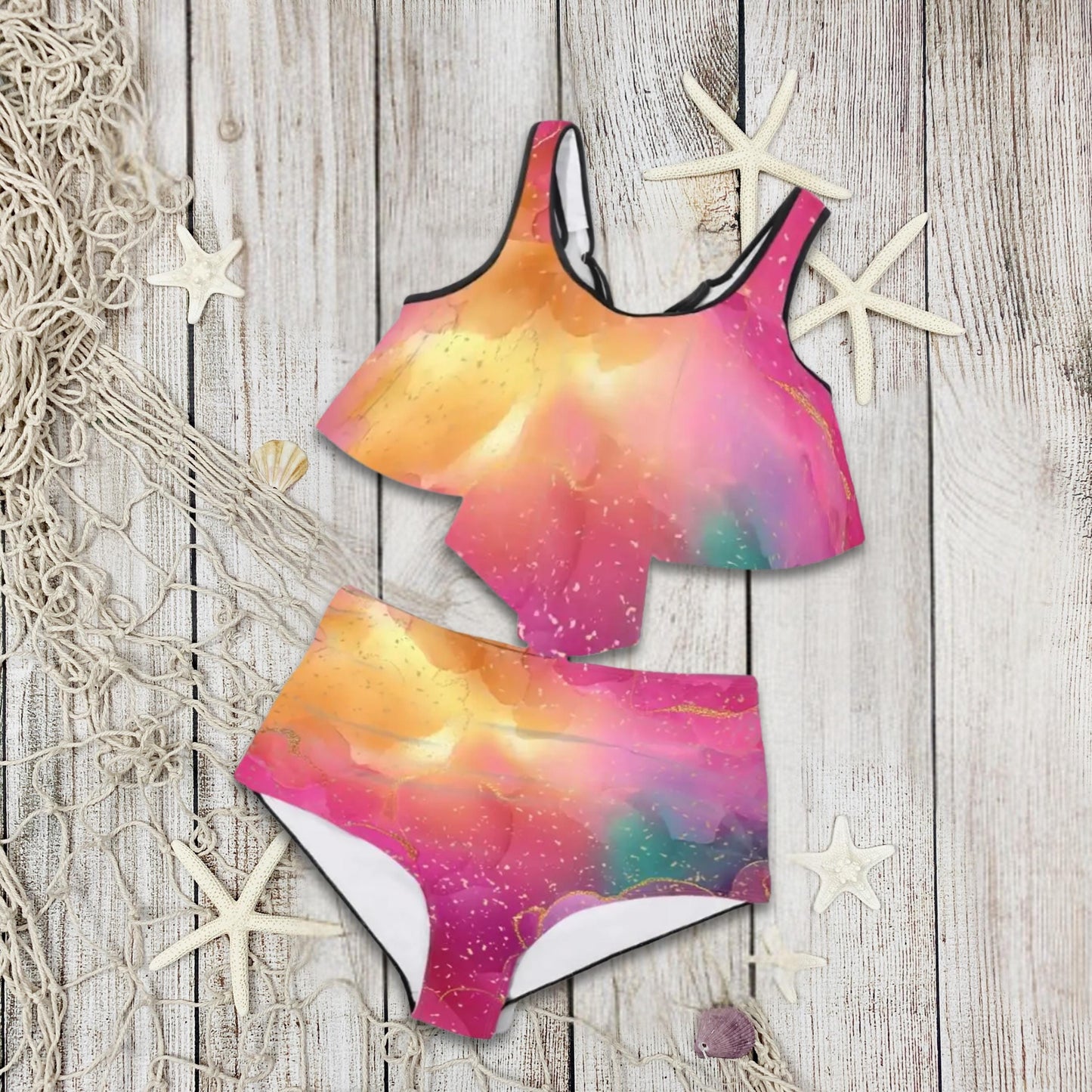 Plus Size Ruffle Swimsuit – Galaxy Print Two Piece Beach Vacation Wear