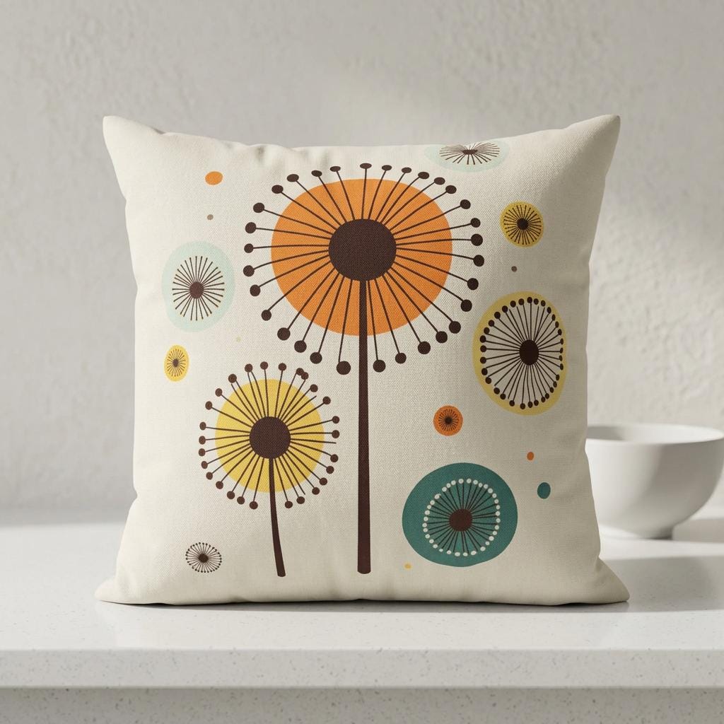 Retro Dandelion Floral Mid Century Boho Throw Pillowcase