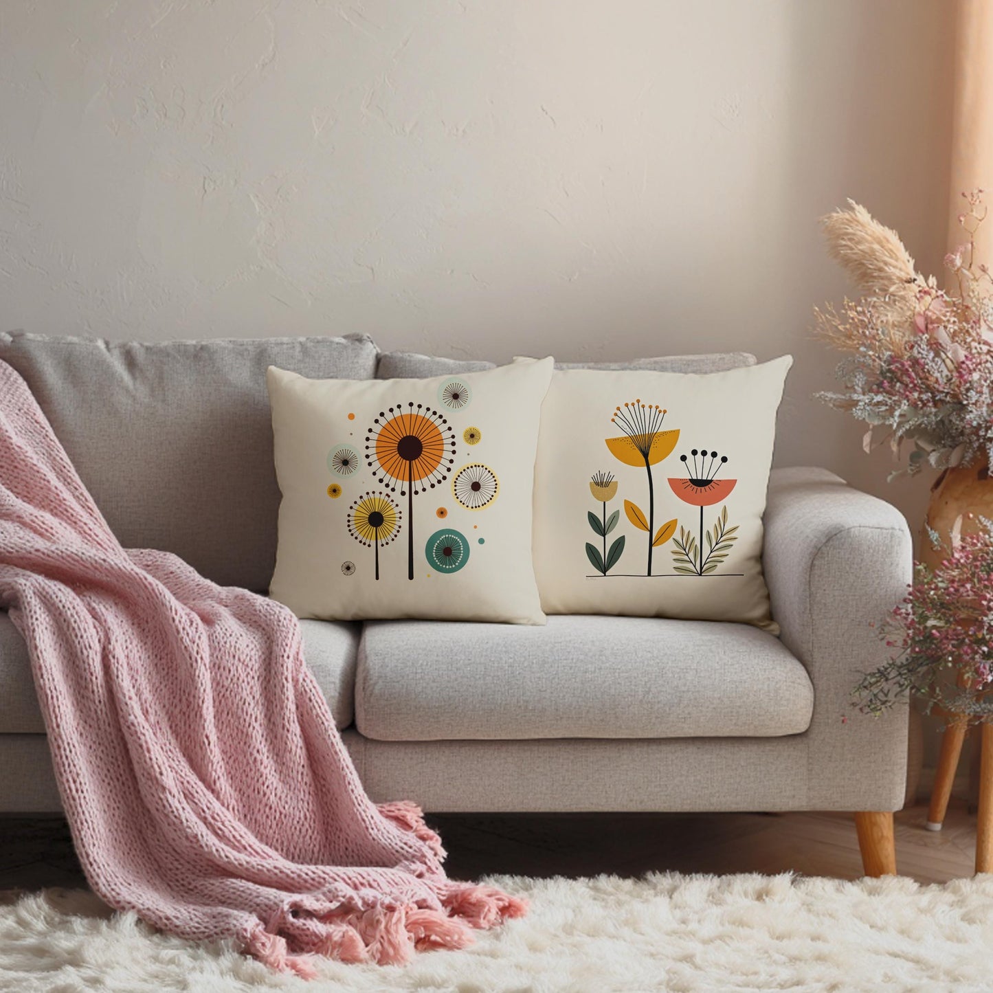 Retro Dandelion Floral Mid Century Boho Throw Pillowcase