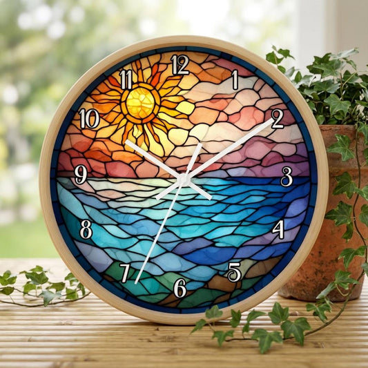 Stained Glass Sunrise Wall Clock | Ocean Waves Sun Mosaic