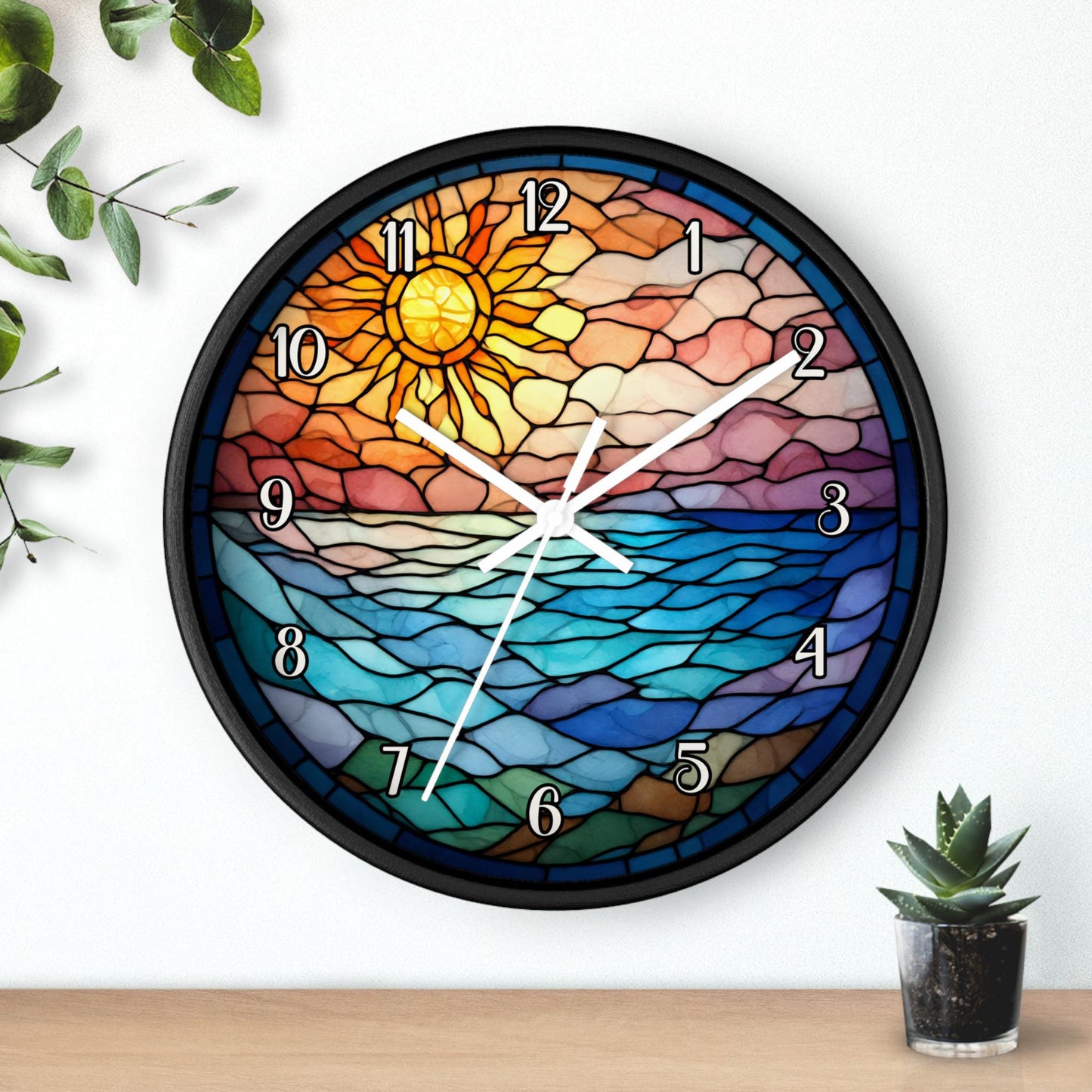 Stained Glass Sunrise Wall Clock | Ocean Waves Sun Mosaic