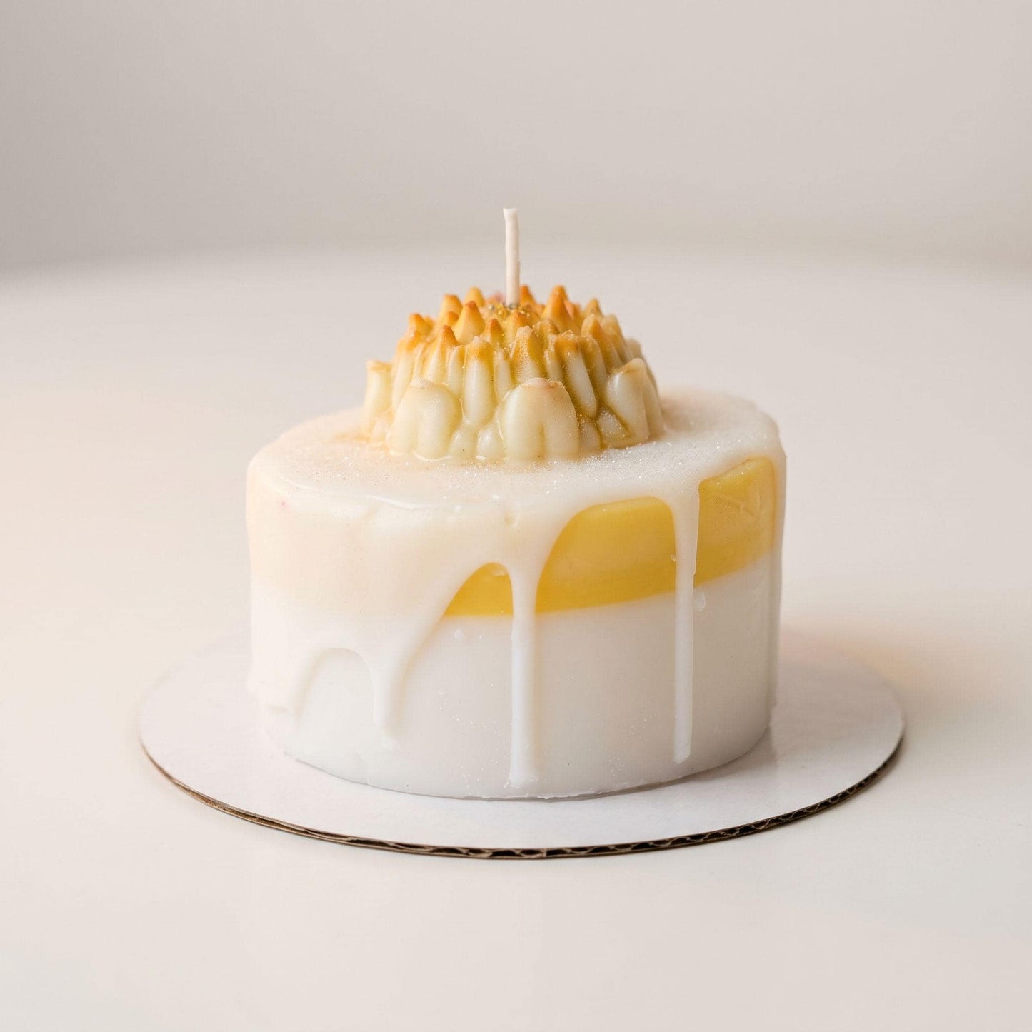 Handcrafted White Yellow Decorative Drip Birthday Cake Candle - Artisan Made Celebration Decor