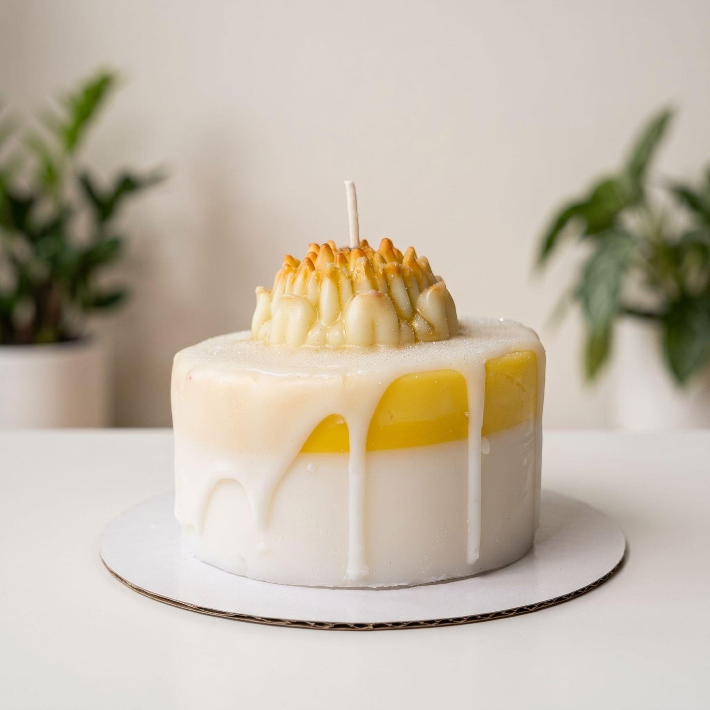 Handcrafted White Yellow Decorative Drip Birthday Cake Candle - Artisan Made Celebration Decor