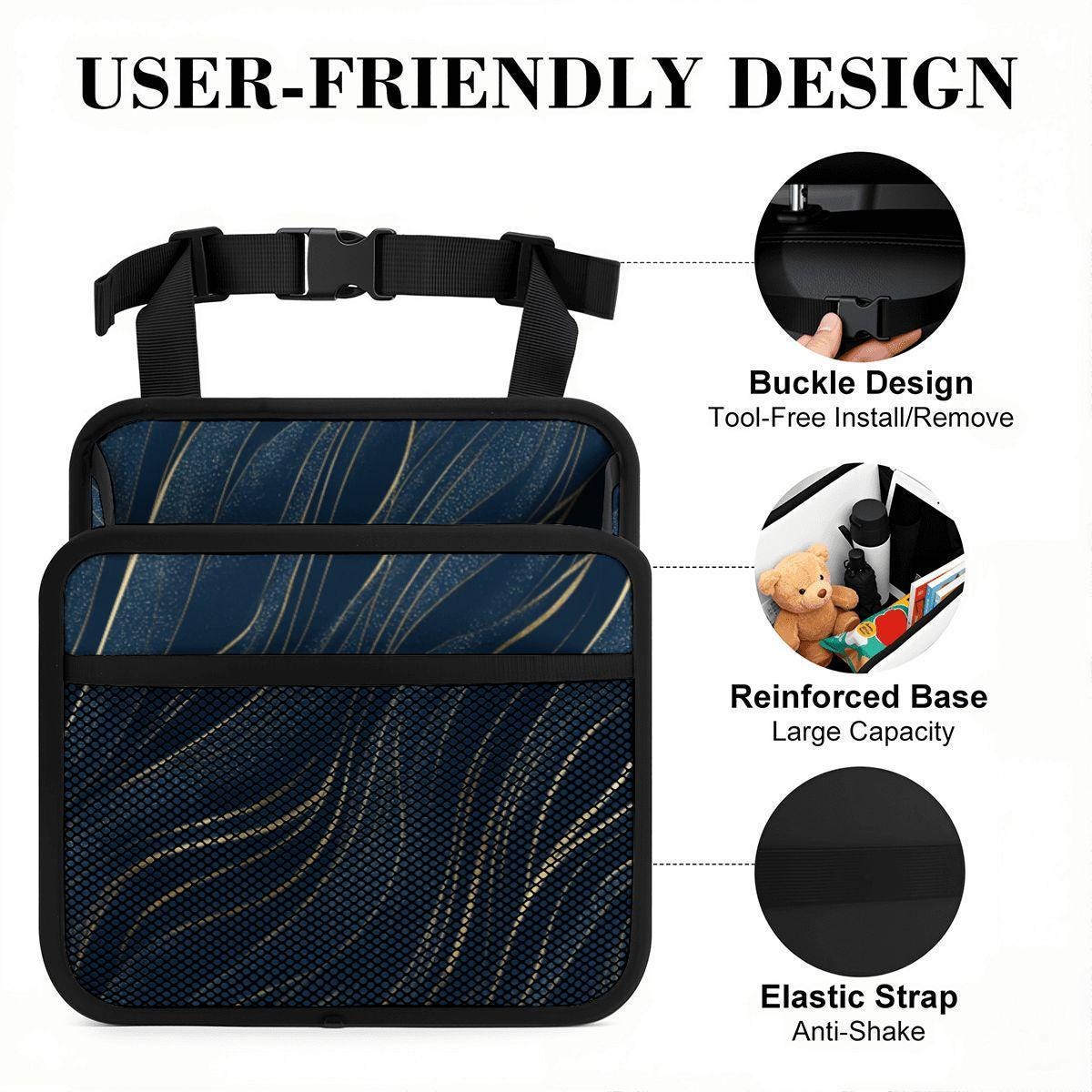 Gold Blue Car Seat Organizer Back Storage Caddy Holder Travel Kids Road Trip