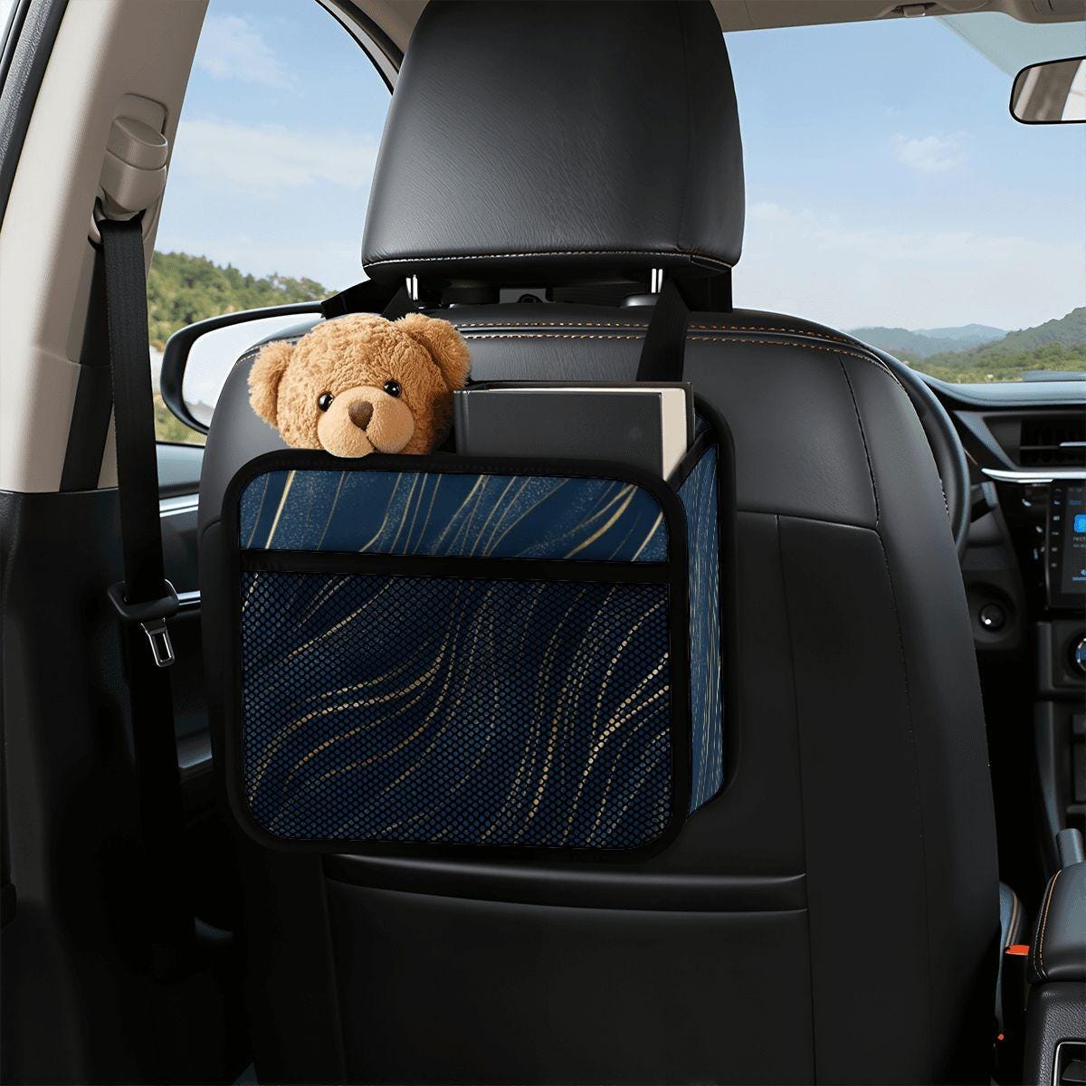 Gold Blue Car Seat Organizer Back Storage Caddy Holder Travel Kids Road Trip