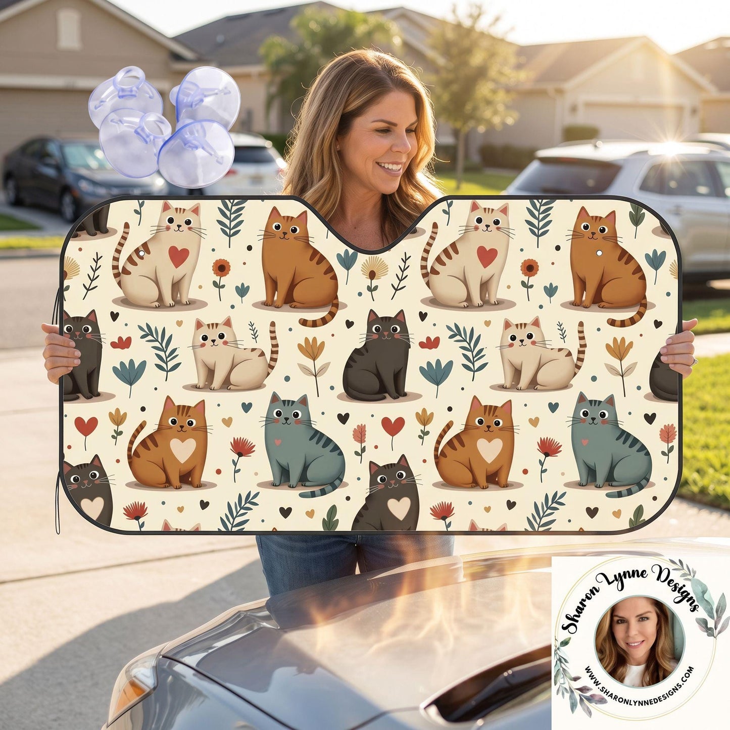 Beige Cat Car Windshield Sun Shade, Stiff Version with Playful Design