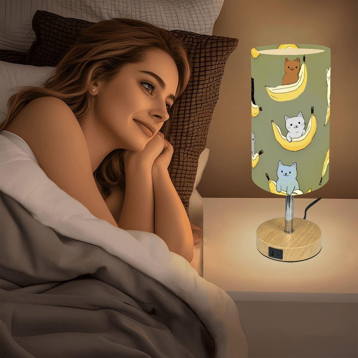 Retro Banana Cats Touch Bedside Table Lamp with USB Charging Port Night Light