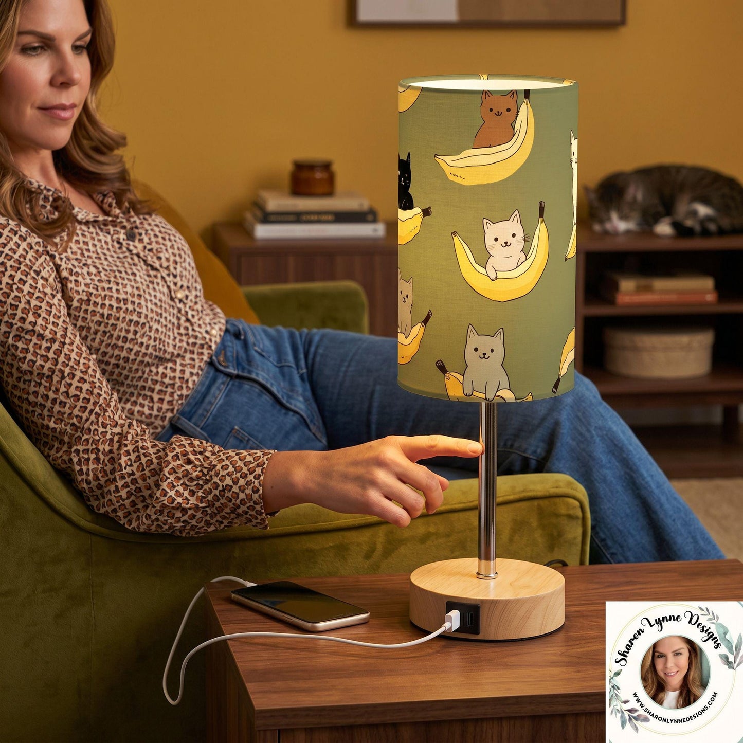 Retro Banana Cats Touch Bedside Table Lamp with USB Charging Port Night Light