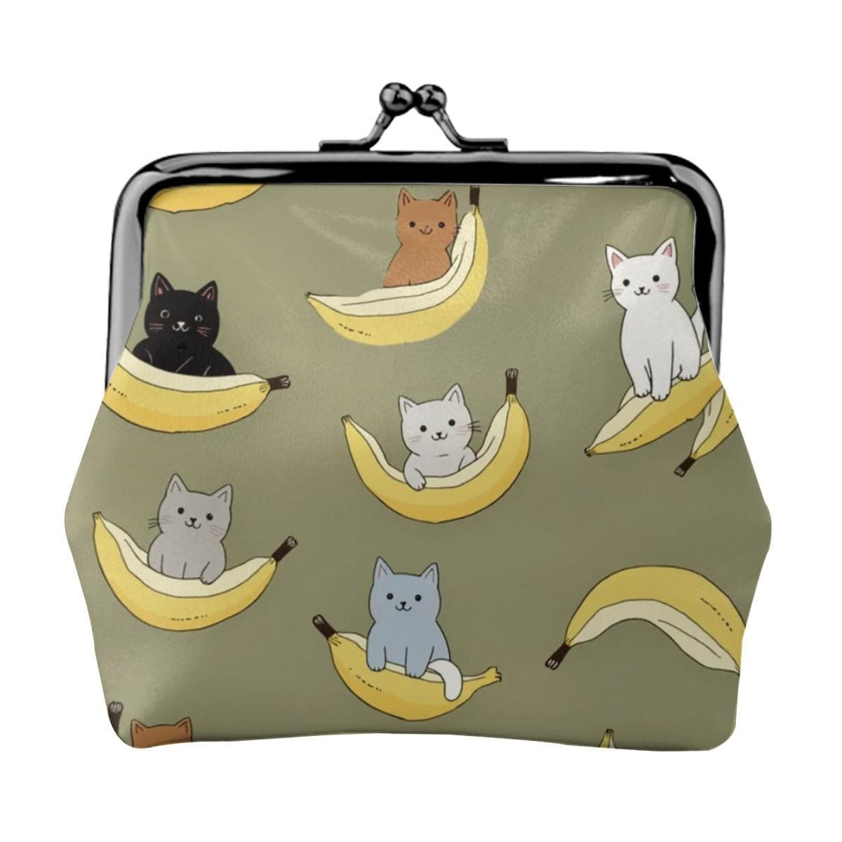 Banana Cats Faux Leather Kiss Lock Coin Purse - Green Kitty Change Wallet Small Pouch