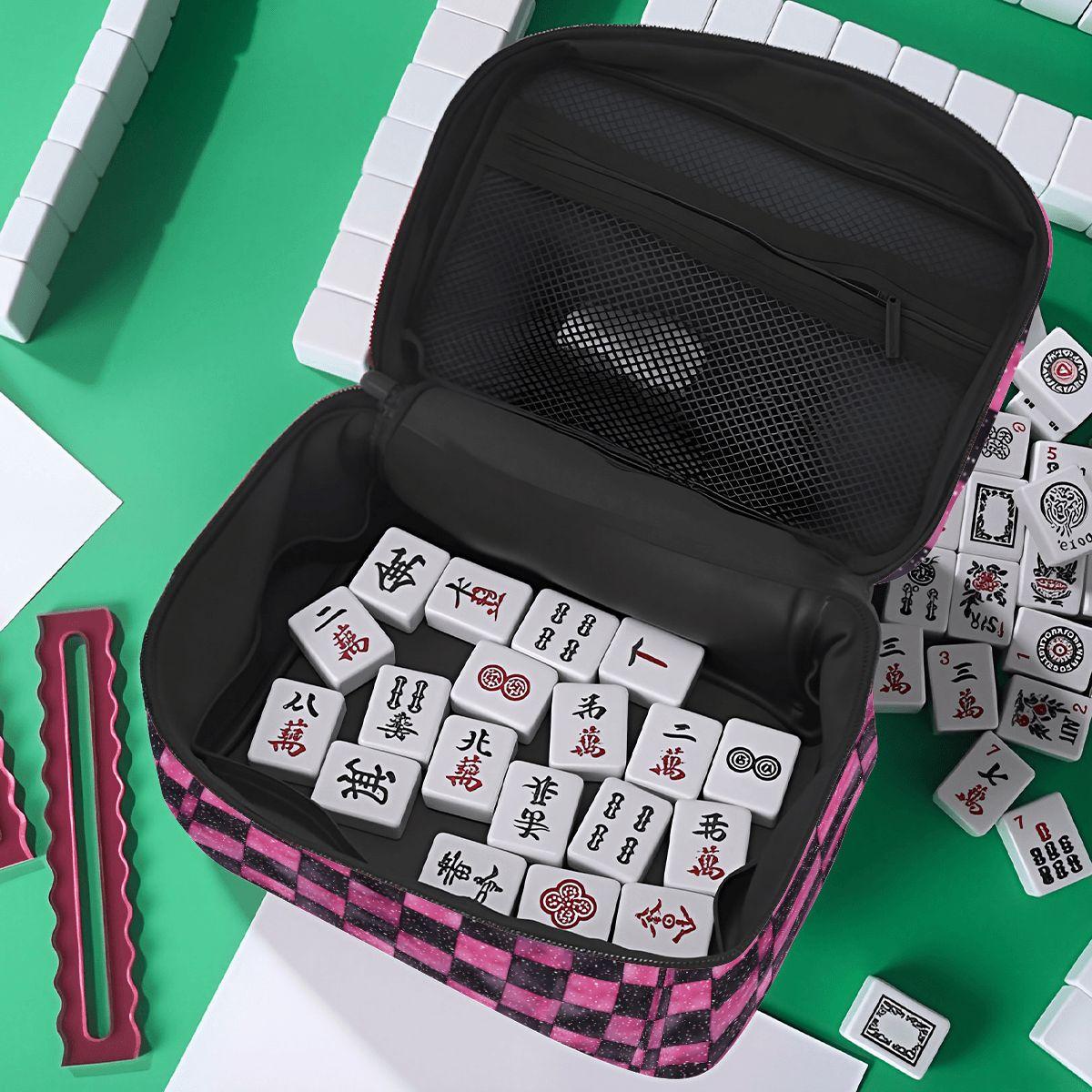 Pink Black Checkered Portable Mahjong Bag Travel Case Storage Organizer