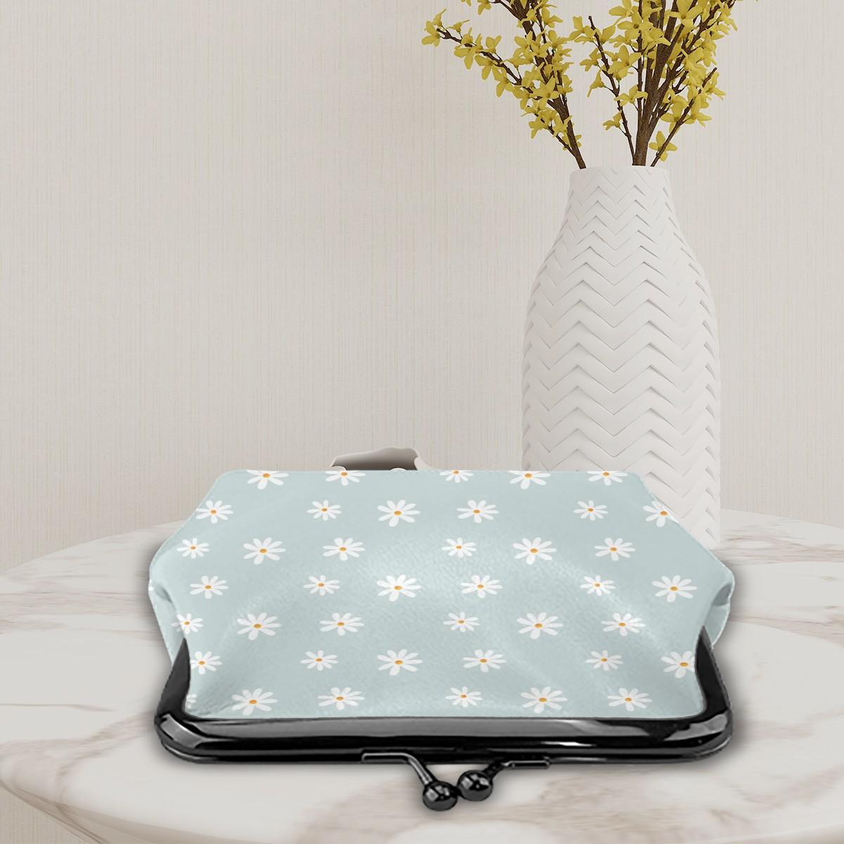 Blue Daisy Women's Leather Kiss Lock Coin Purse - Small Vintage Style Wallet Pouch
