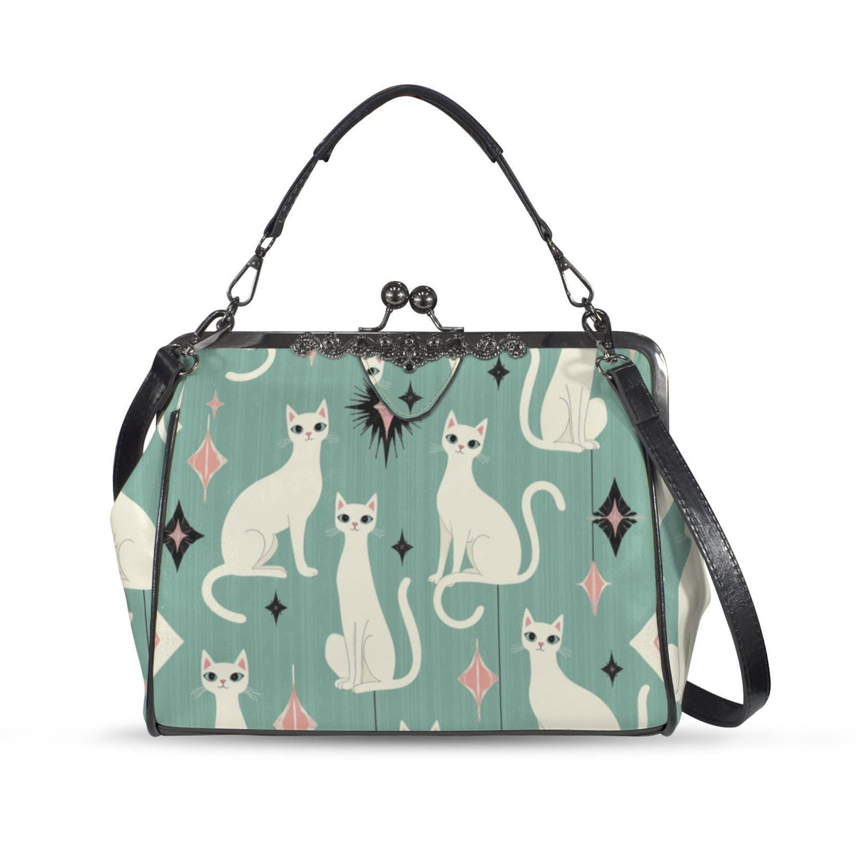 Retro Cat Kiss Lock Crossbody Shoulder Bag Vintage Feline Clasp Handbag Purse