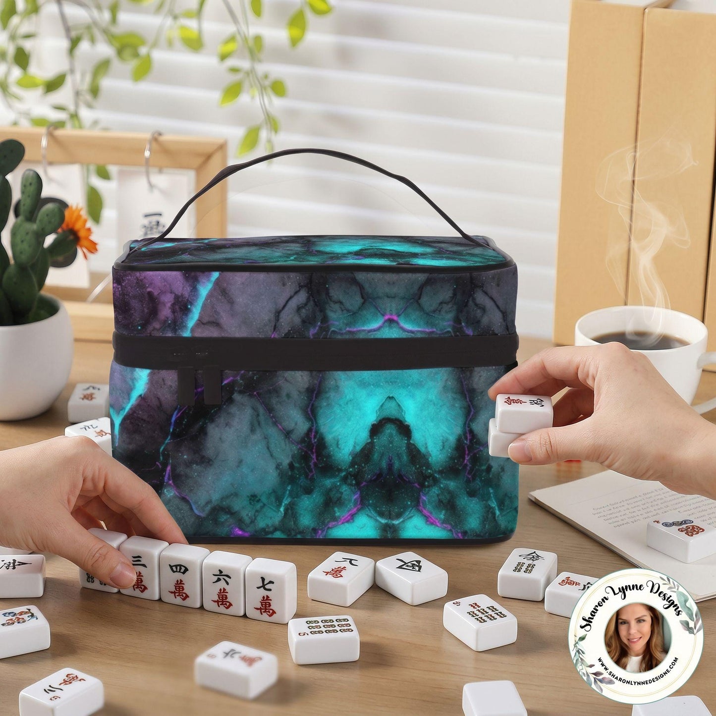 Neon Marble Portable Mahjong Bag, Durable Polyester Storage Case for Game Tiles