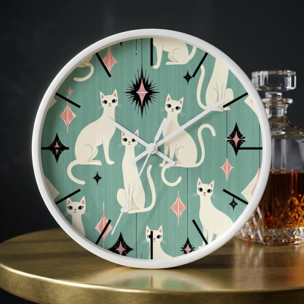 Retro White Cat Wall Clock | Mid Century Modern Animal Kitchen Decor