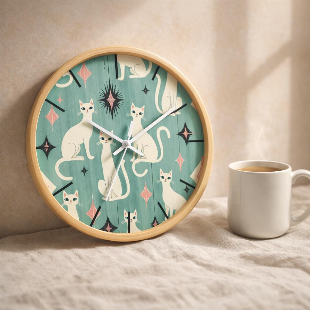 Retro White Cat Wall Clock | Mid Century Modern Animal Kitchen Decor