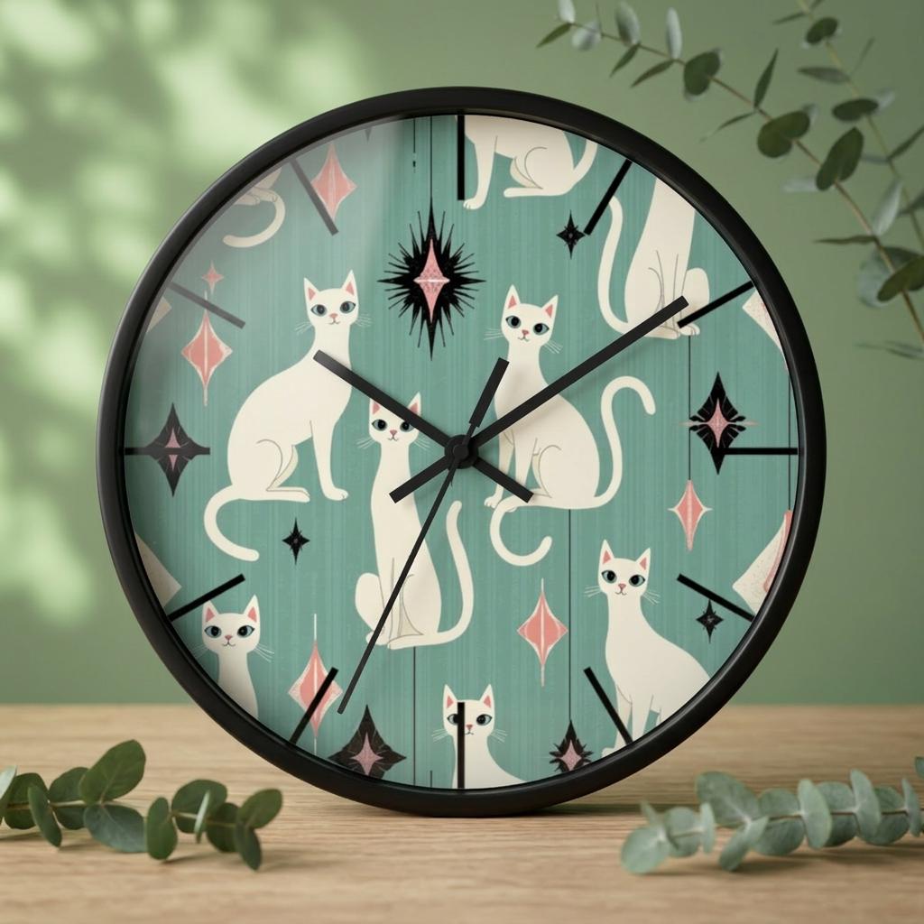 Retro White Cat Wall Clock | Mid Century Modern Animal Kitchen Decor