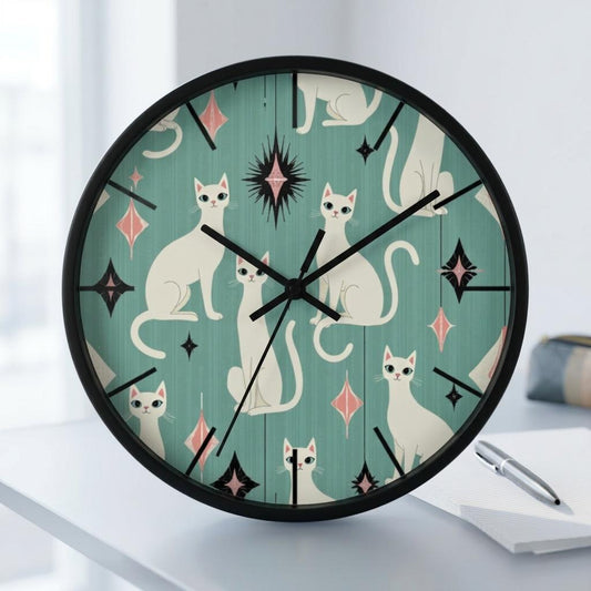 Retro White Cat Wall Clock | Mid Century Modern Animal Kitchen Decor