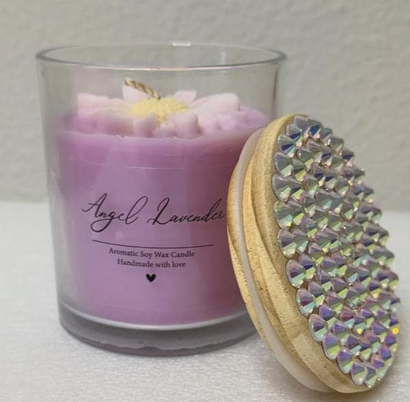 Lavender Soy Candle with Hand Bedazzled Jeweled Lid | Floral Accent Home Decor Gift
