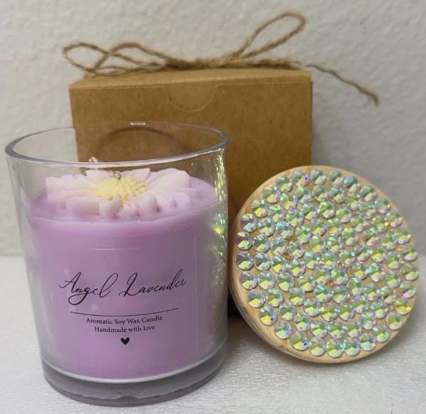 Lavender Soy Candle with Hand Bedazzled Jeweled Lid | Floral Accent Home Decor Gift