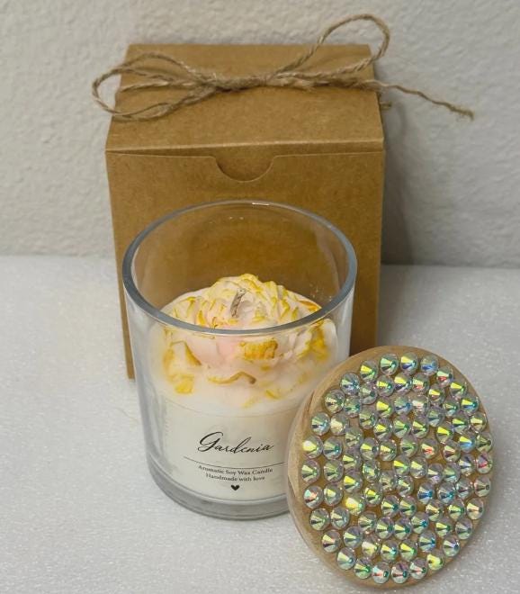 Gardenia Scented Soy Candle with Decorative Jewel Lid - Yellow Home Fragrance Gift