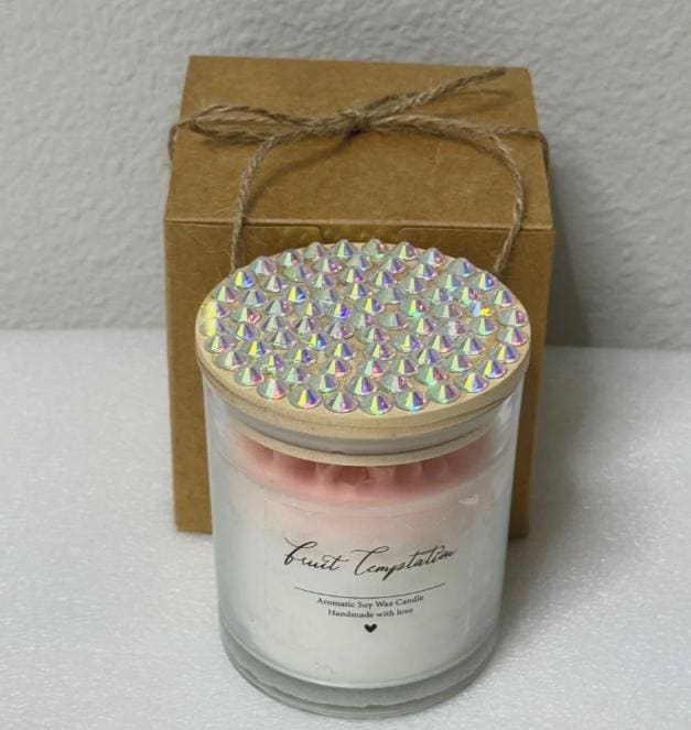 Hand-Poured Soy Candle with Rhinestone Lid – Peach Scented Floral Home Decor