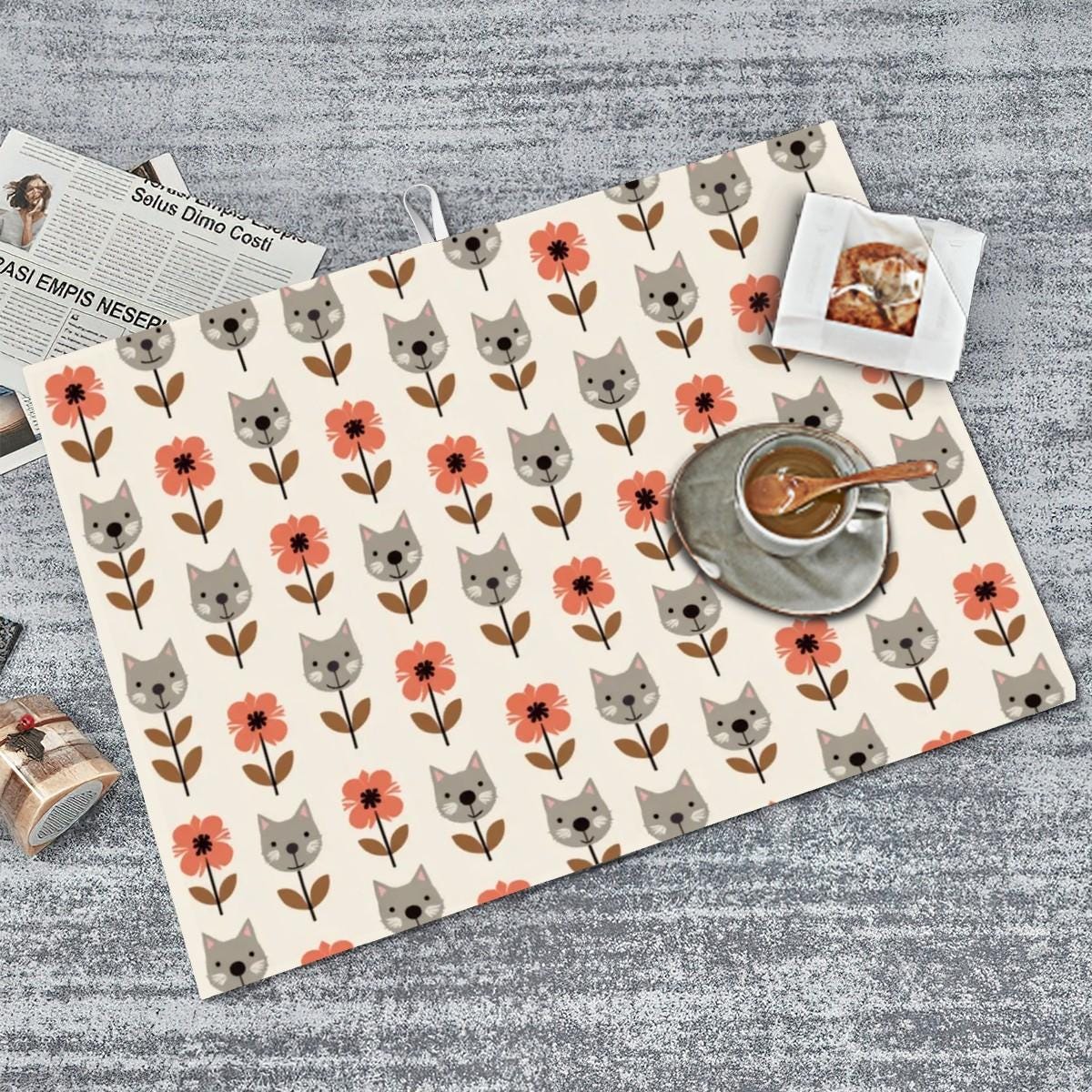 Floral Cat Design Large Kitchen Dish Drying Mat - Absorbent Countertop Drainer Pad