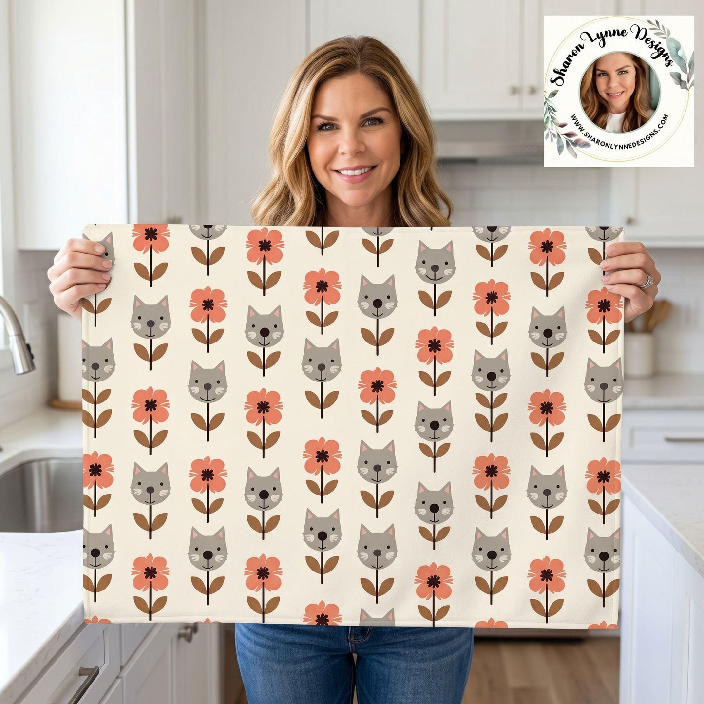 Floral Cat Design Large Kitchen Dish Drying Mat - Absorbent Countertop Drainer Pad