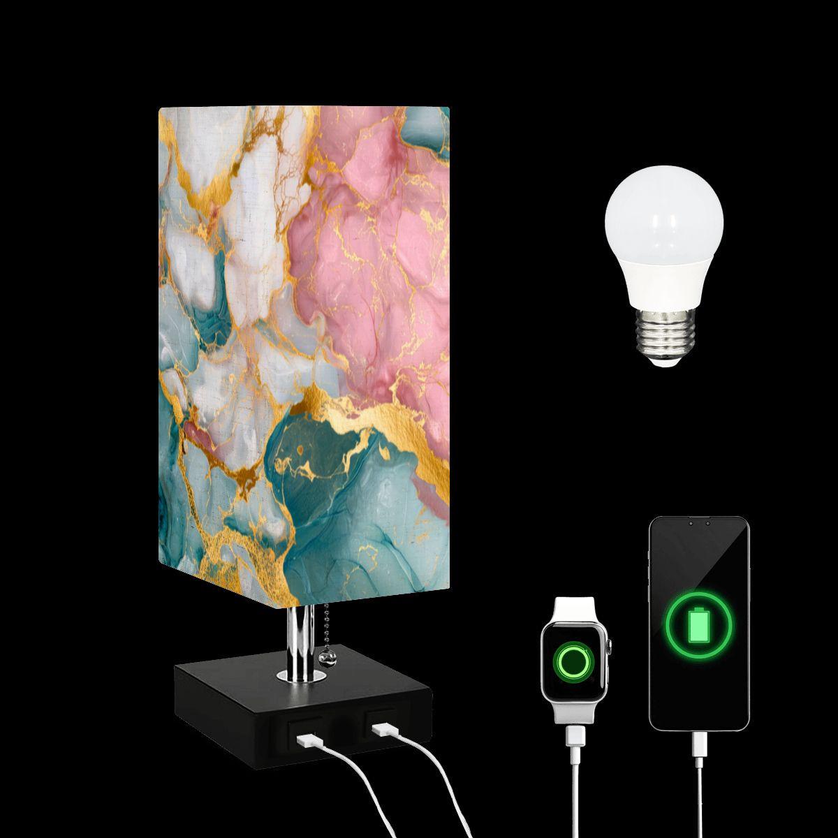 Square Marbled Table Lamp – Modern Bedside Lighting with USB Ports