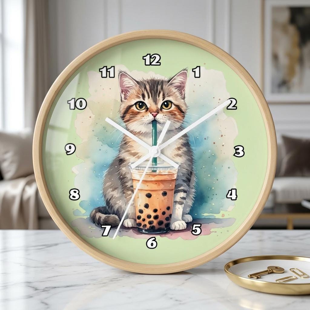 Bubble Tea Kitten Wall Clock | Playful Cat Boba Drink Illustration