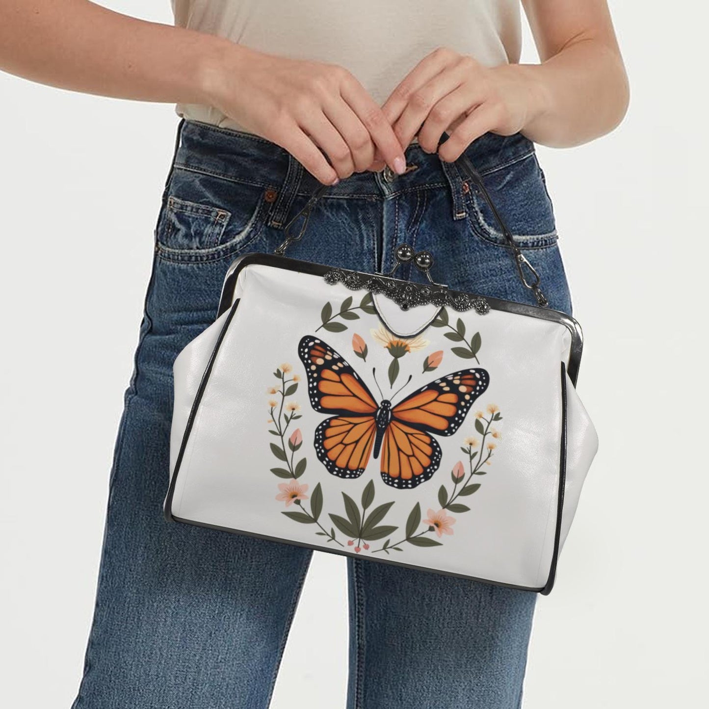 Vintage Butterfly Kiss Lock Purse Retro Crossbody Shoulder Bag Evening Clutch Handbag