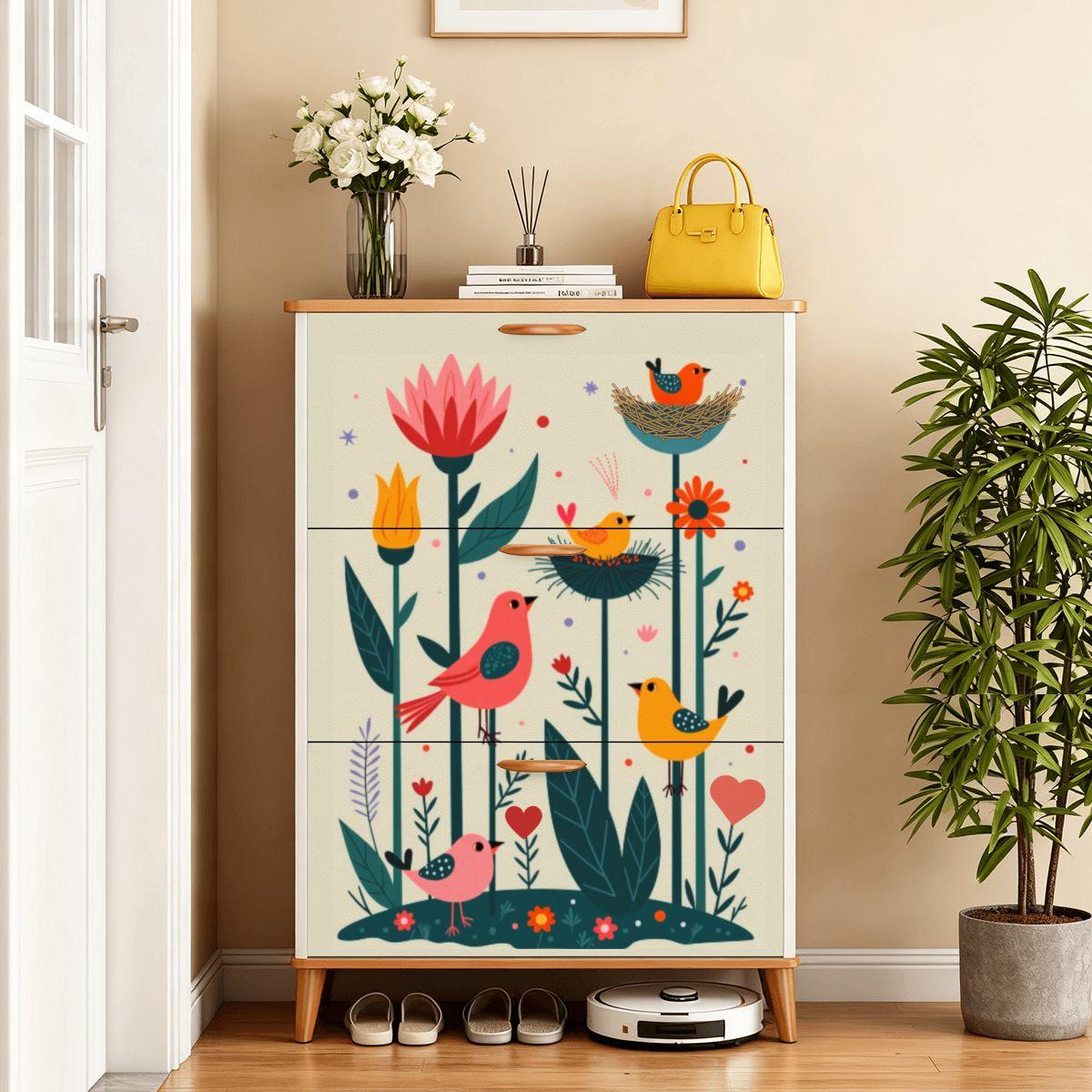 Folk Art Inspired Shoe Cabinet Storage Organizer Entryway Furniture Rustic Decorative Rack