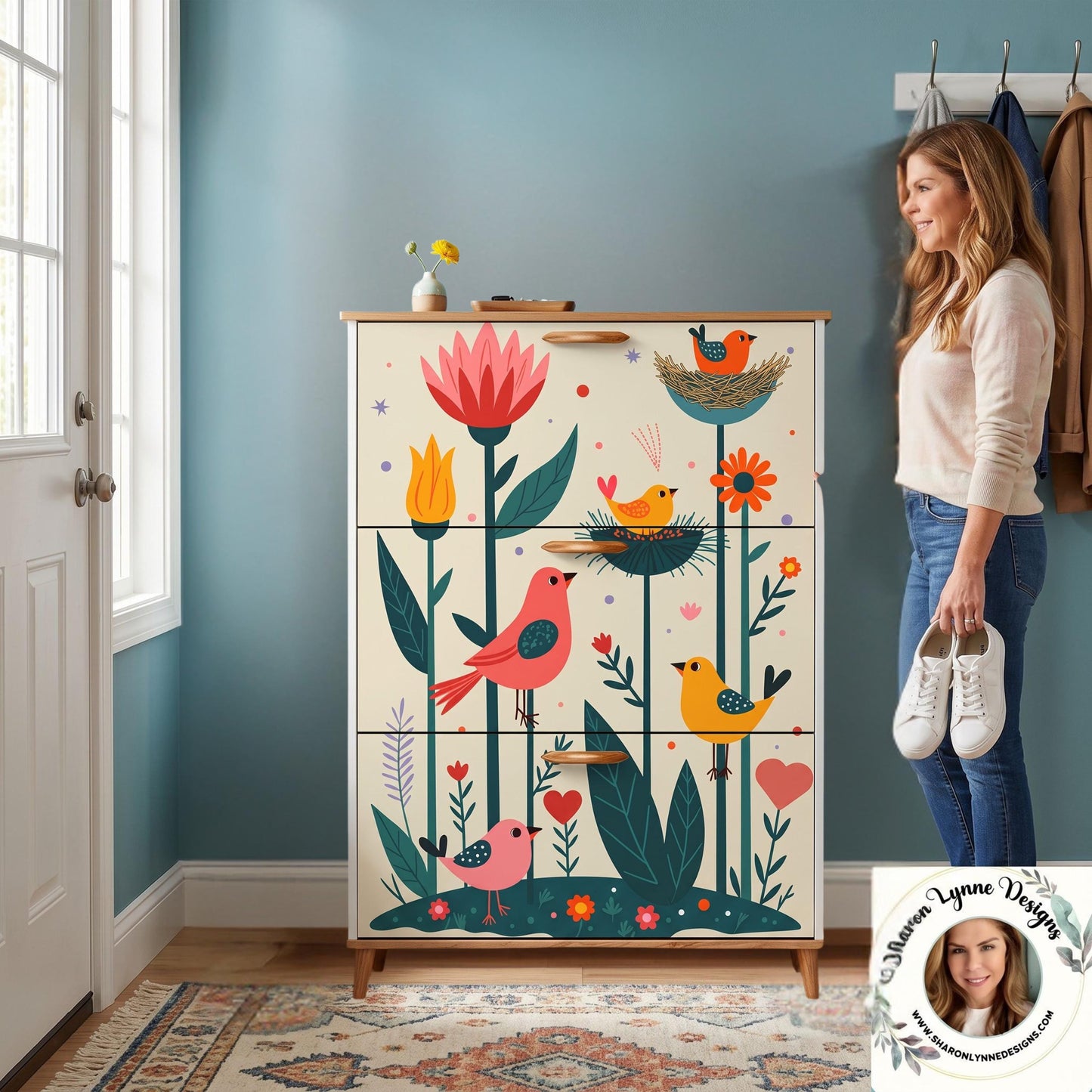 Folk Art Inspired Shoe Cabinet Storage Organizer Entryway Furniture Rustic Decorative Rack