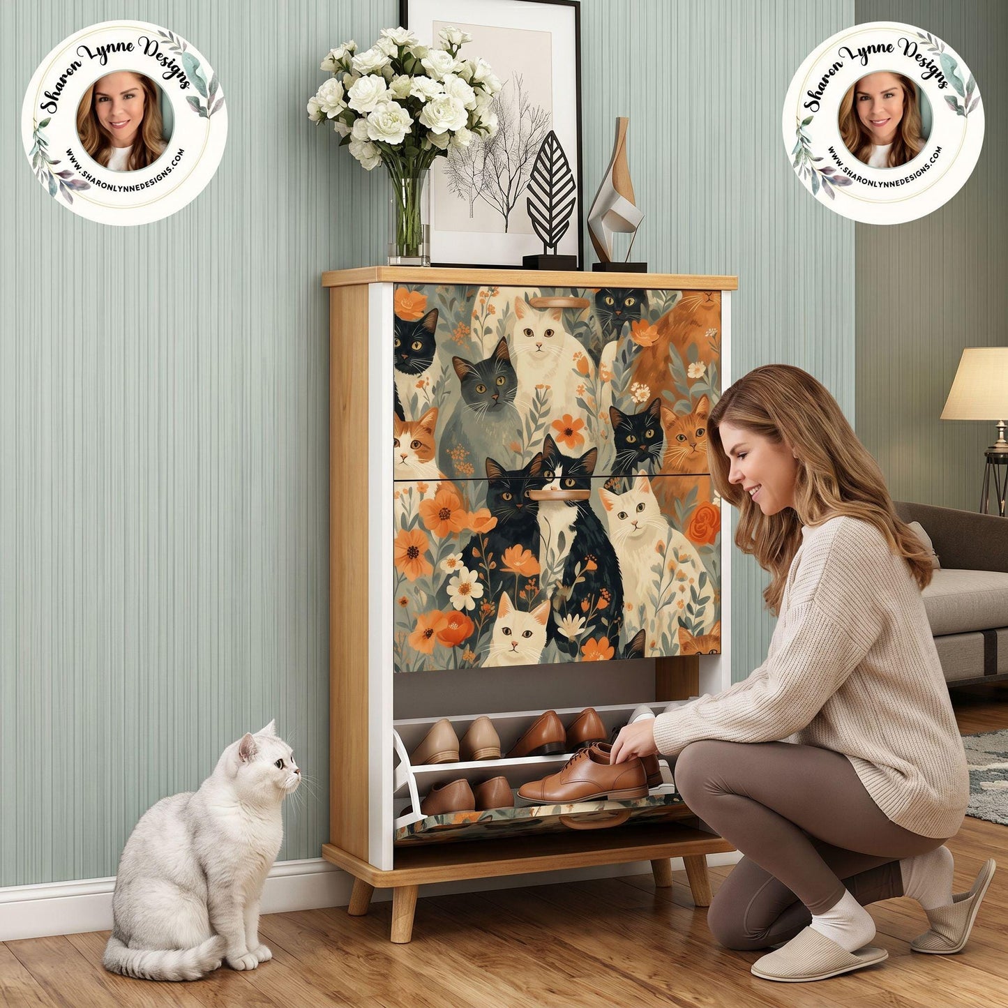 Vintage Cat Shoe Cabinet | MDF Wood Storage Organizer, USA Made