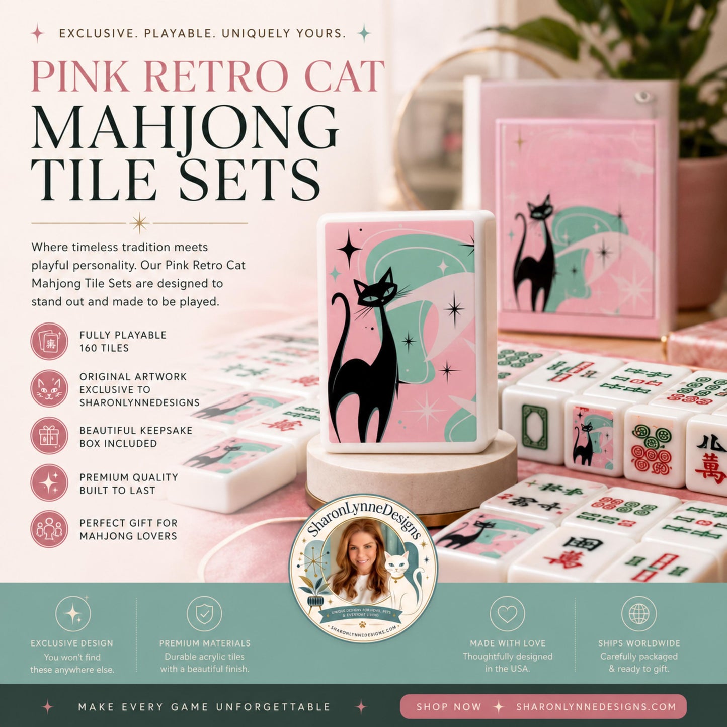 Pink Retro Cat Mahjong Tile Set, Acrylic Tabletop Game Accessories