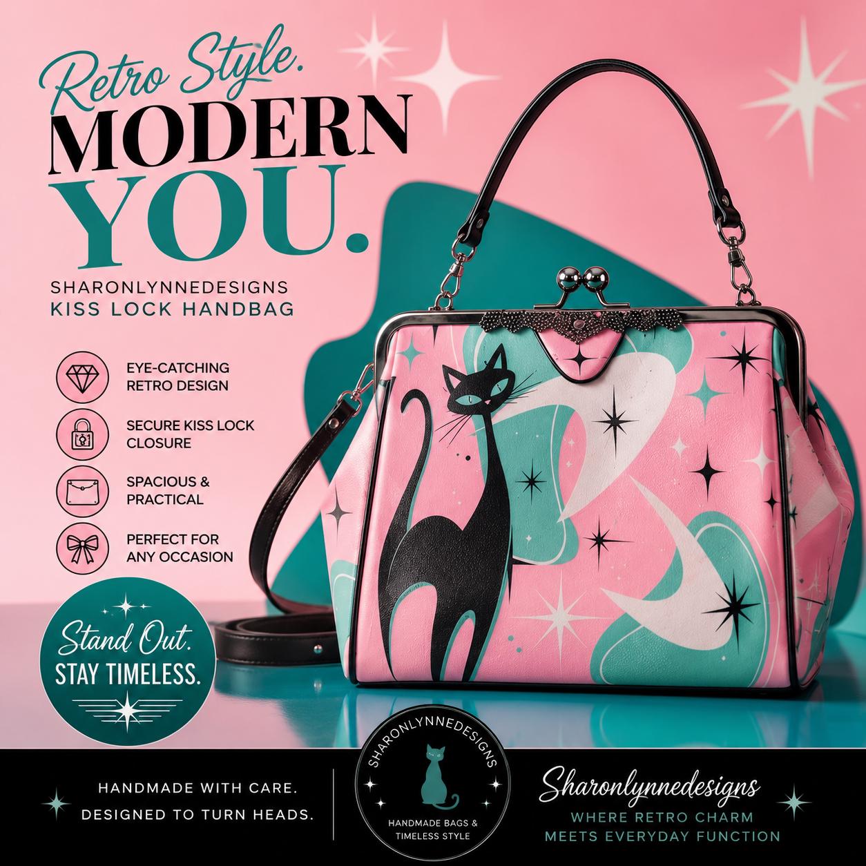 Pink Retro Cat Kiss Lock Crossbody Bag Vintage Style Purse Small Shoulder Handbag
