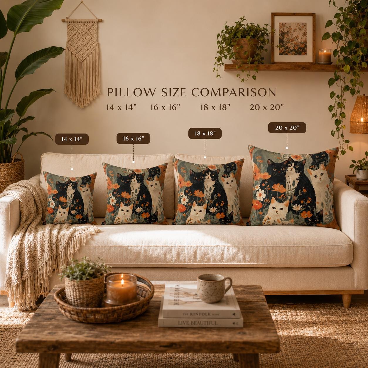 Vintage Floral Cats Faux Suede Square Pillow | Orange Black White Cat Illustration